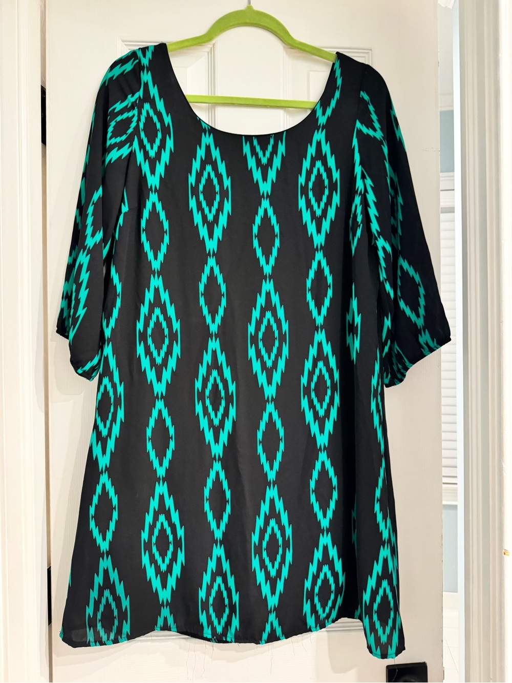 Auditions Black Tunic with Teal Geometric Print